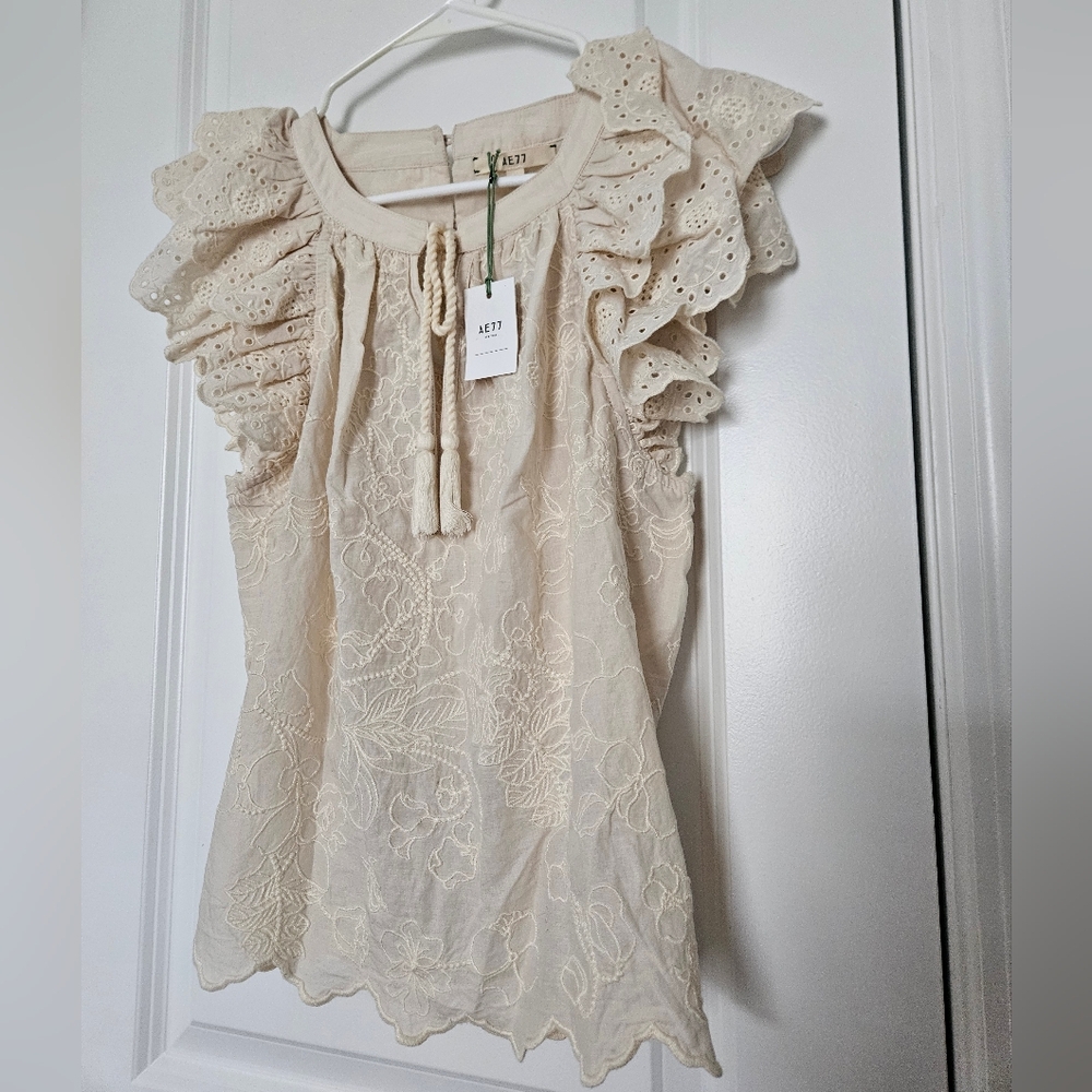 NWT AE 77 Premium Cotton Boho Short Sleeve Blouse Cream Size XS